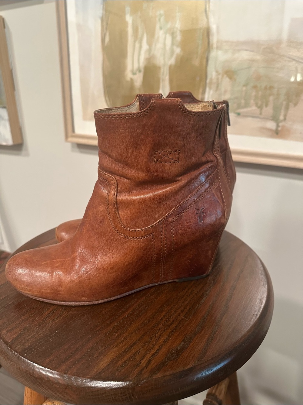 Frye Carson Wedge Bootie Brown Leather Distressed Patina Boots Size 8